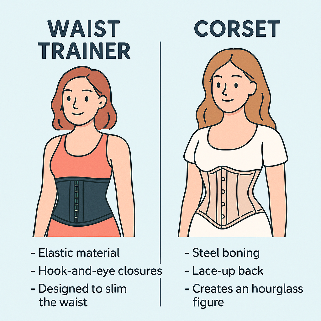 Comparison of Waist Trainer vs Corset – structure, purpose, and usage illustrated in comic style