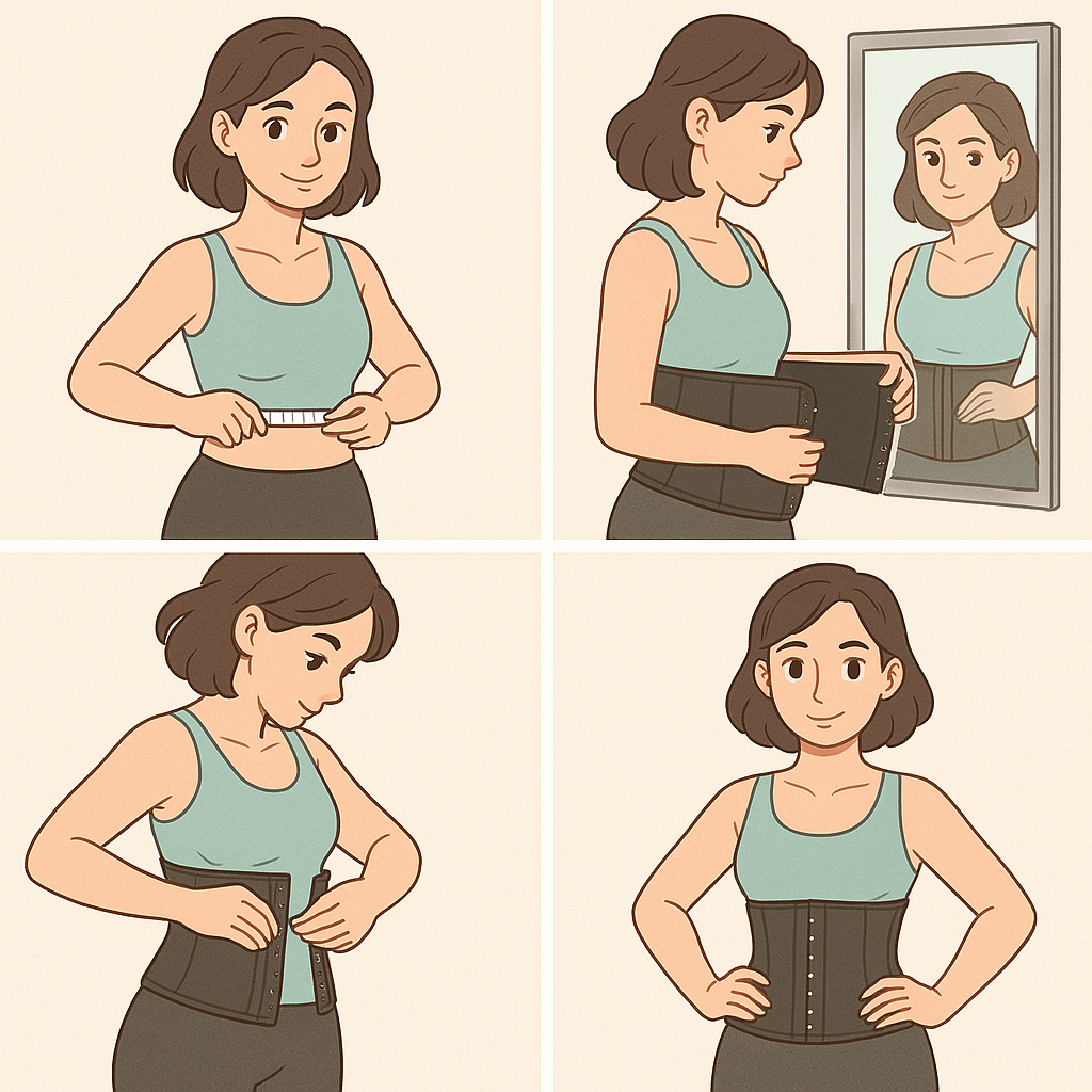 Step-by-step illustration of a woman putting on a waist trainer properly