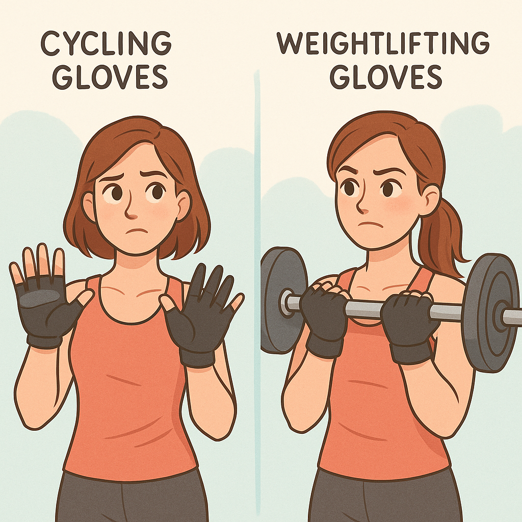 illustration of a woman comparing cycling gloves and weightlifting gloves