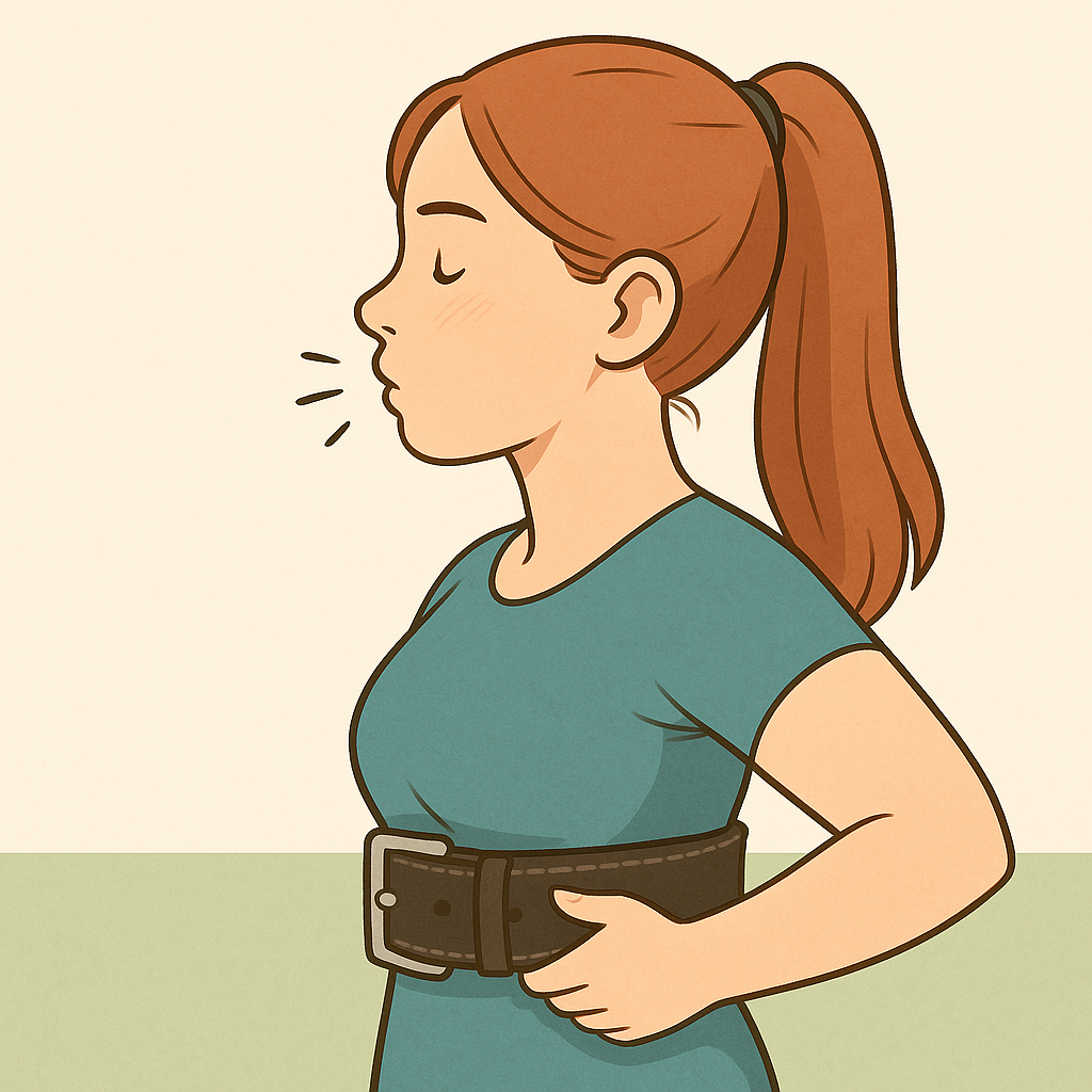 Woman demonstrating proper tightness of a weightlifting belt during inhale