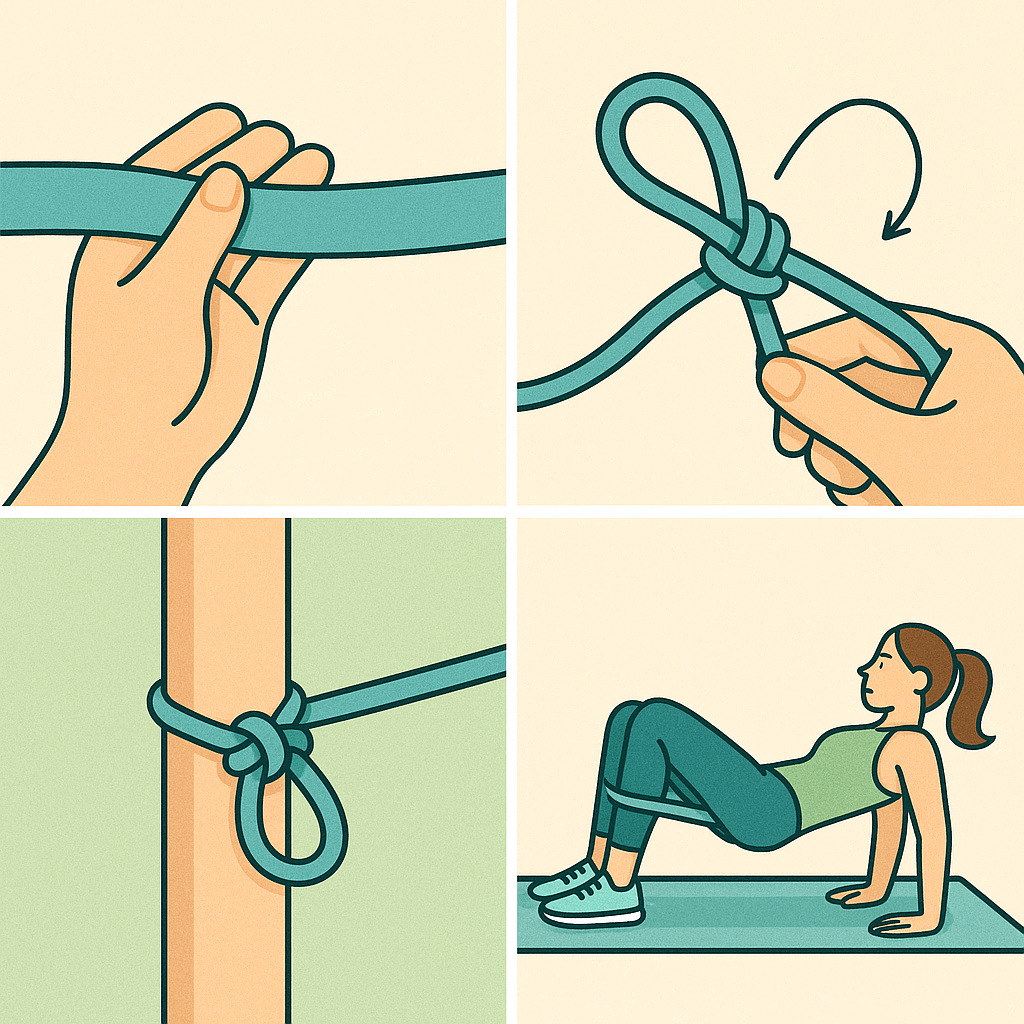 Step-by-step illustrated guide showing how to tie a resistance band for workouts around poles and legs