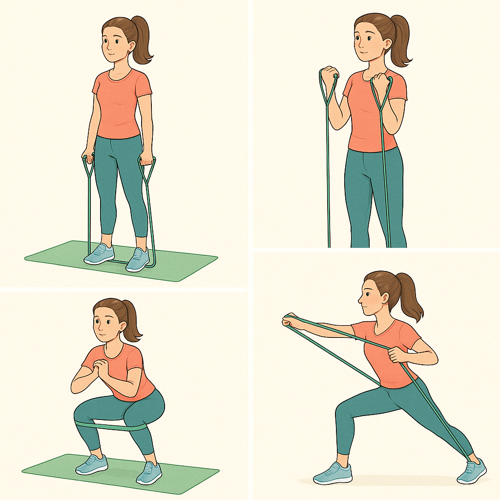 Illustrated guide showing a woman demonstrating resistance band exercises including squats, bicep curls, rows, and shoulder stretches