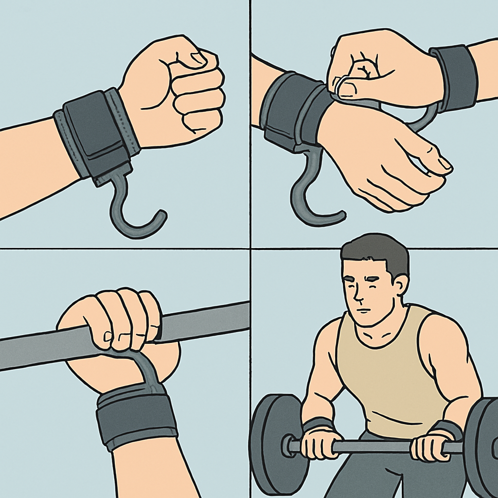Step-by-step illustration showing how to use weight lifting hooks for strength training