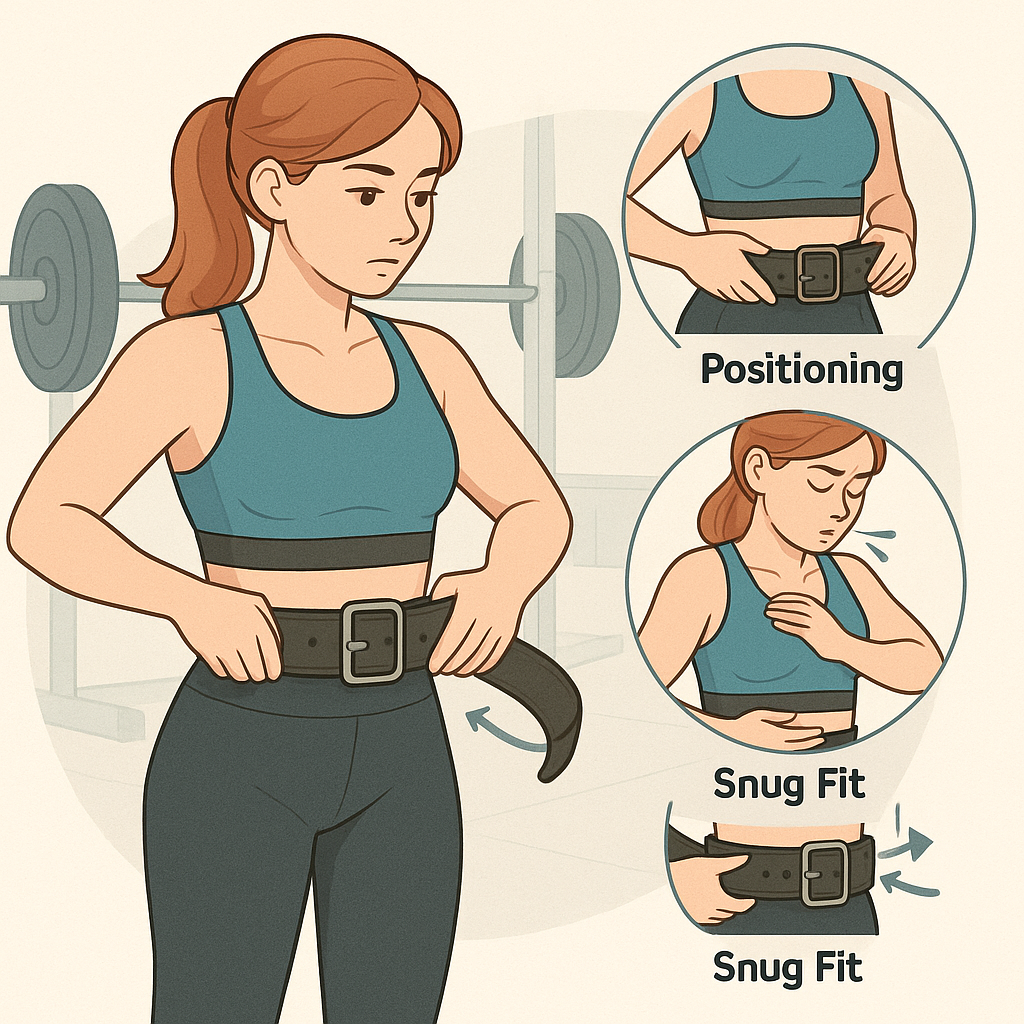 Illustration of a woman demonstrating how to wear and tighten a weight lifting belt properly during strength training exercises