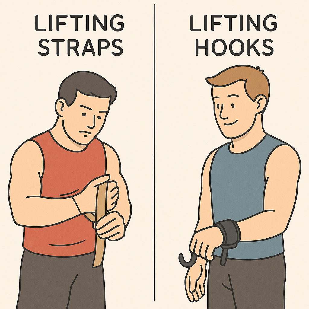 comparing a man holding lifting straps and another using lifting hooks