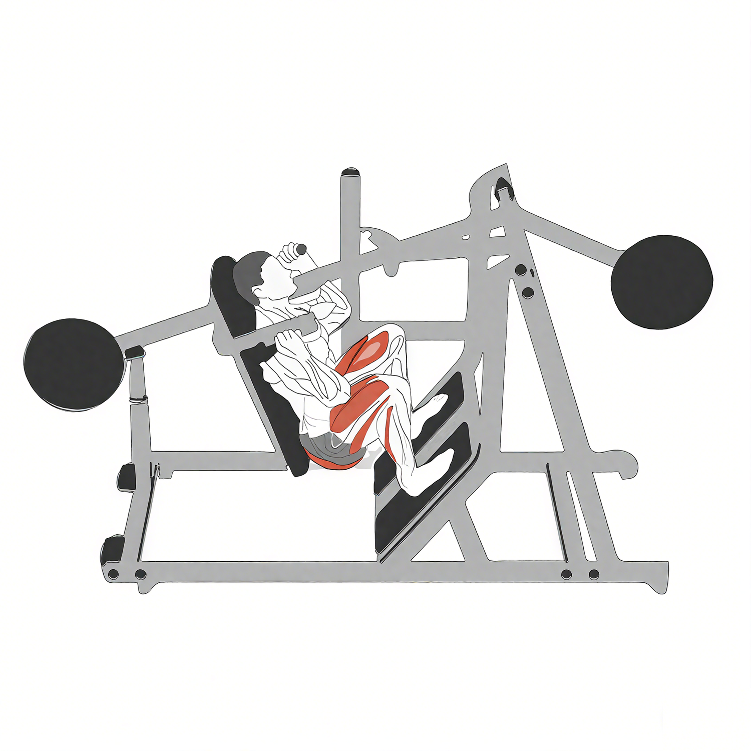 Pendulum squat machine targeting quadriceps, glutes.