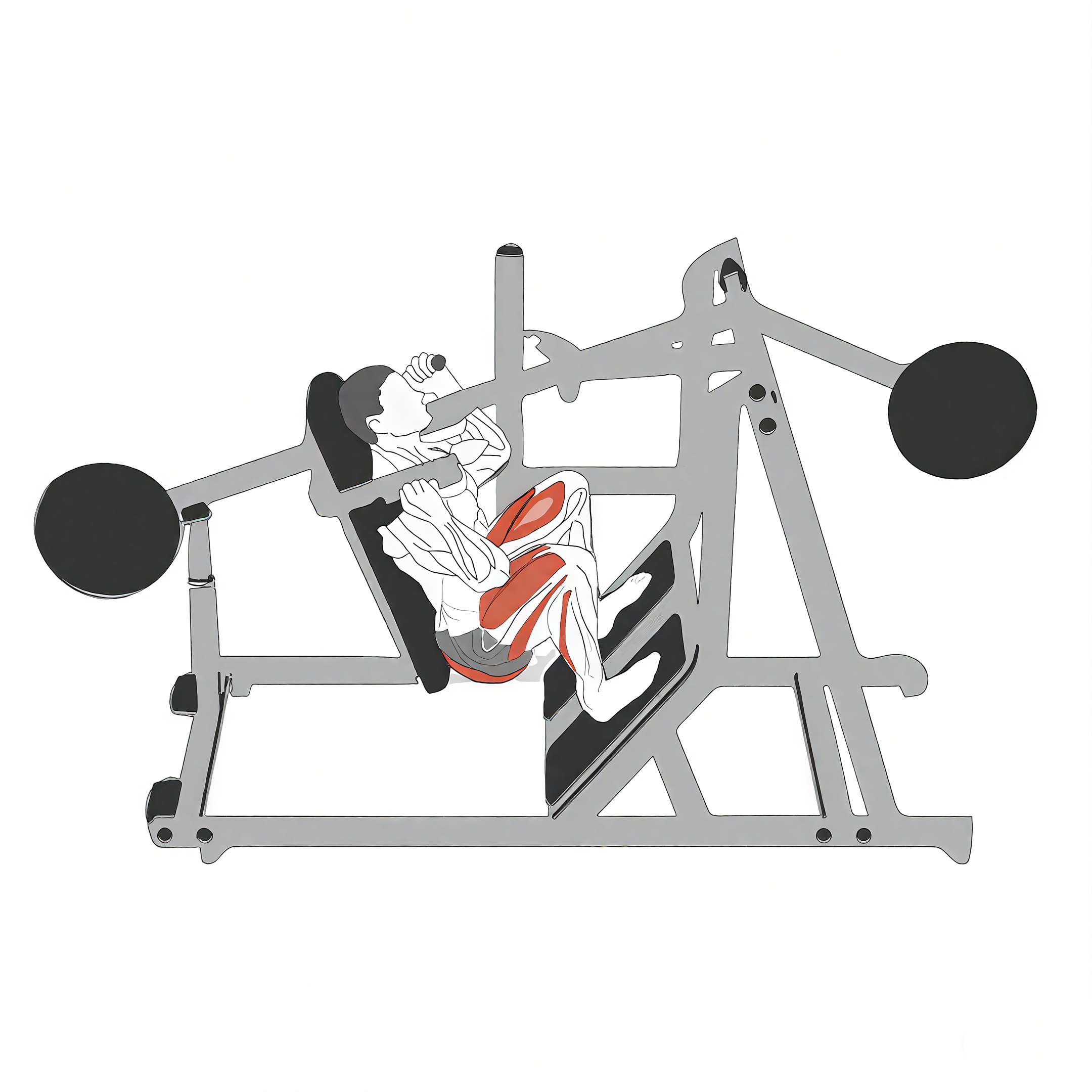 Pendulum squat machine targeting quadriceps, glutes.