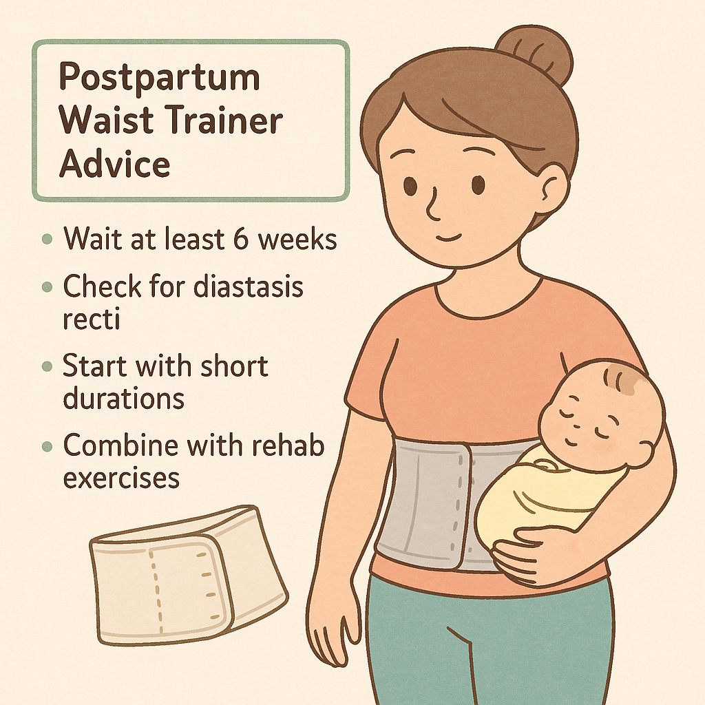Postpartum waist trainer safety tips illustrated for new moms with baby