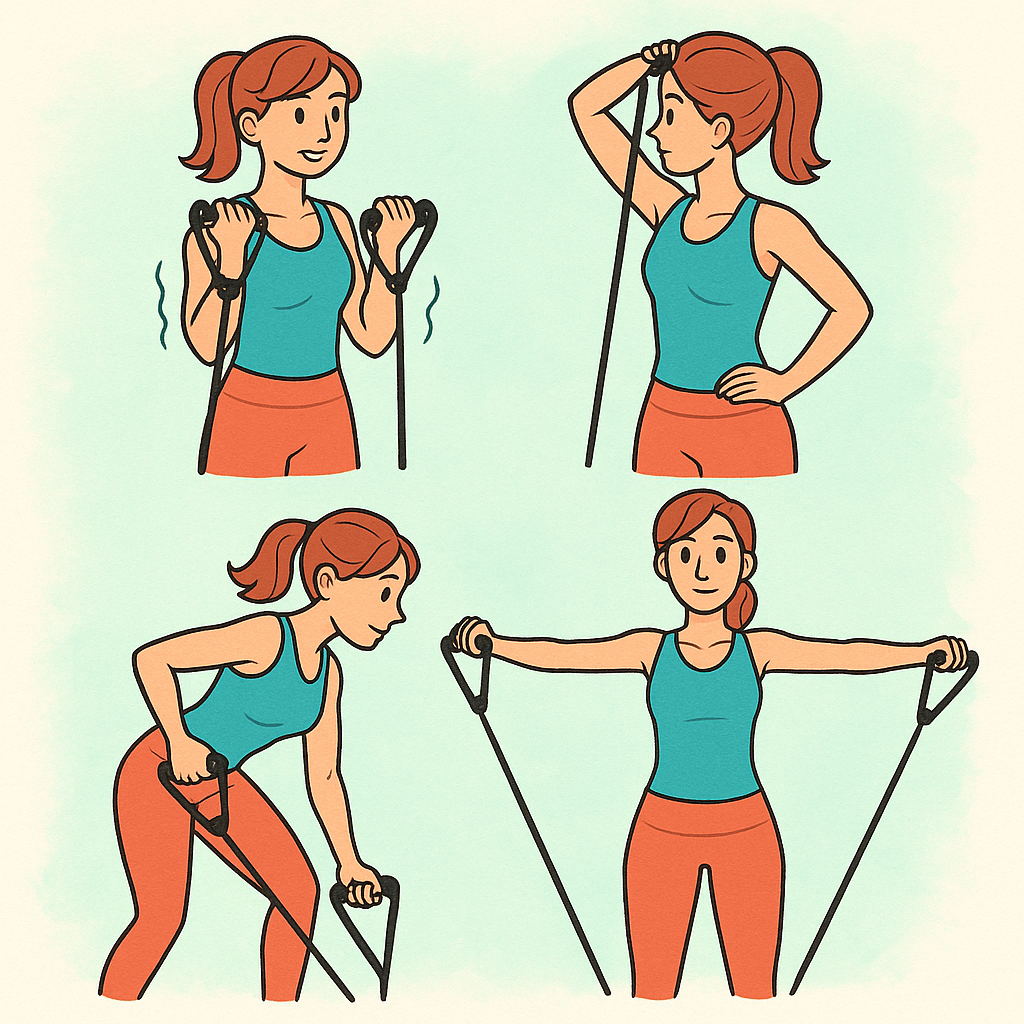 Woman demonstrating resistance band exercises for arms.