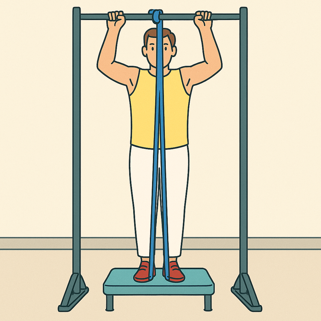 Illustration of a man doing resistance band-assisted pull-ups outdoors