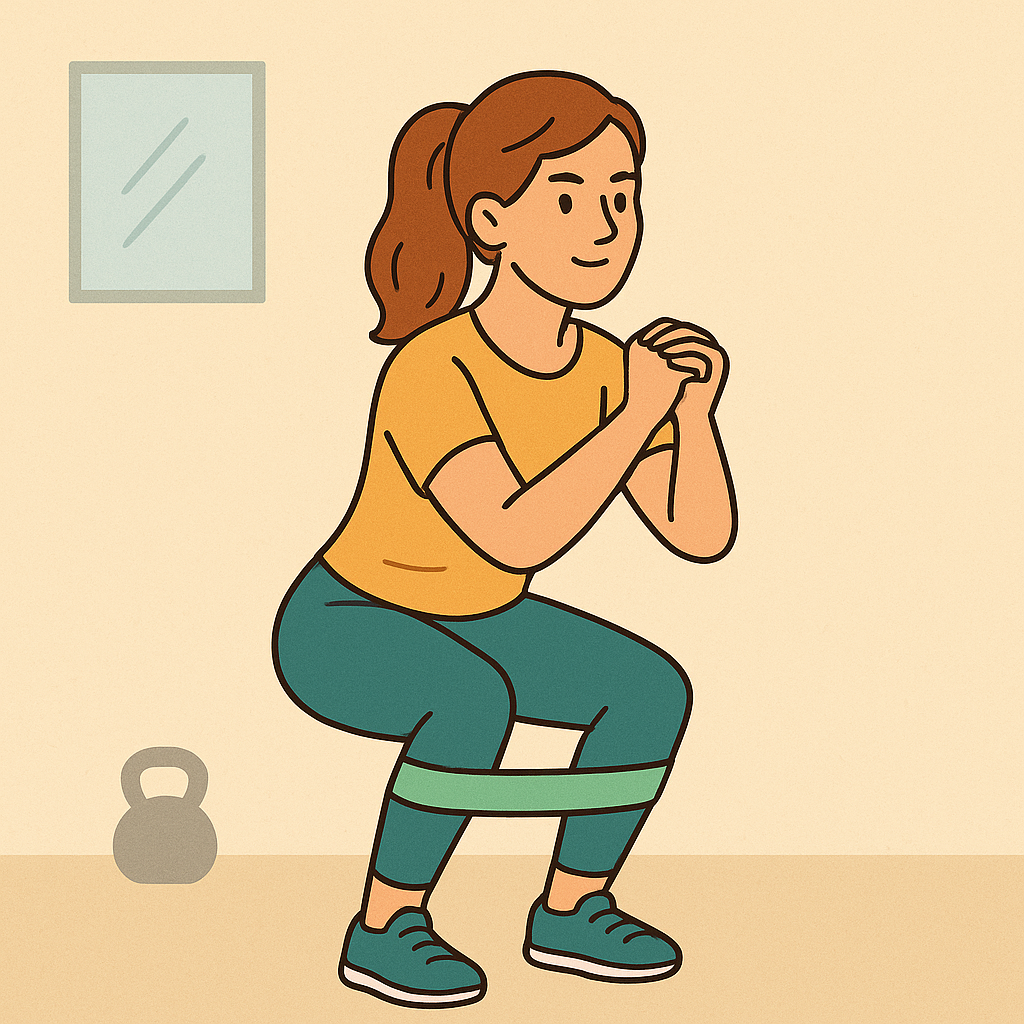 Woman performing resistance band squat in a home workout setting