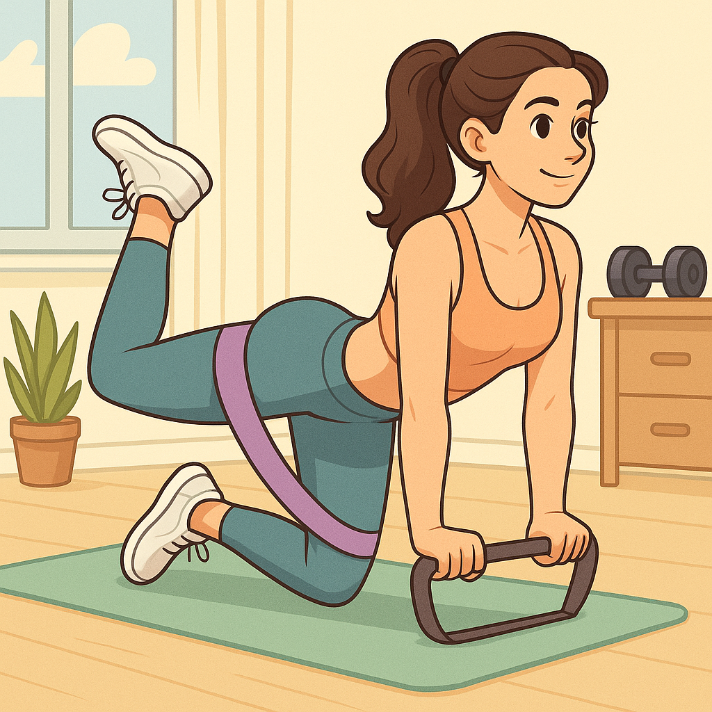Woman doing glute resistance band workout at home.