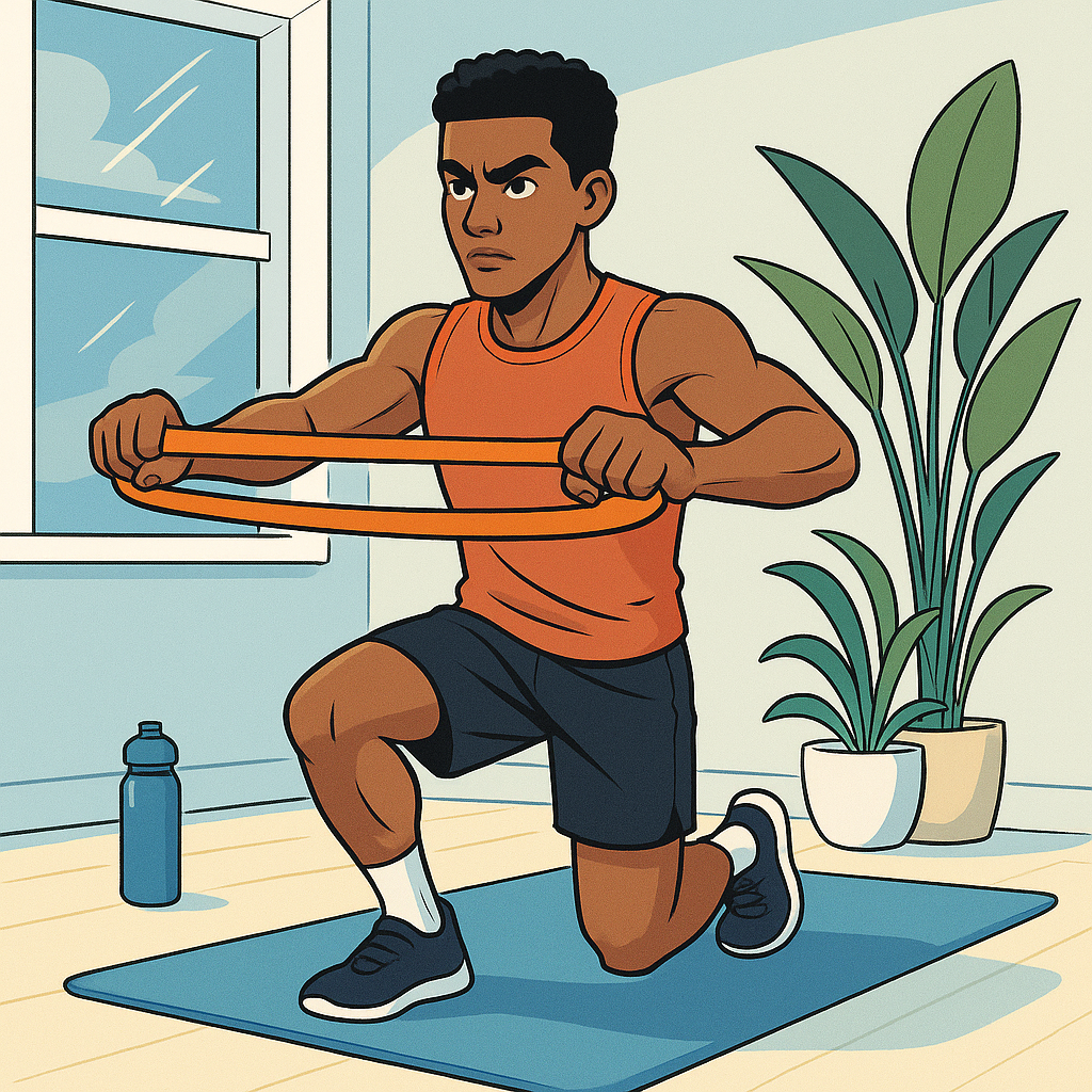 A man using resistance bands to build muscle during a home workout on a yoga mat.