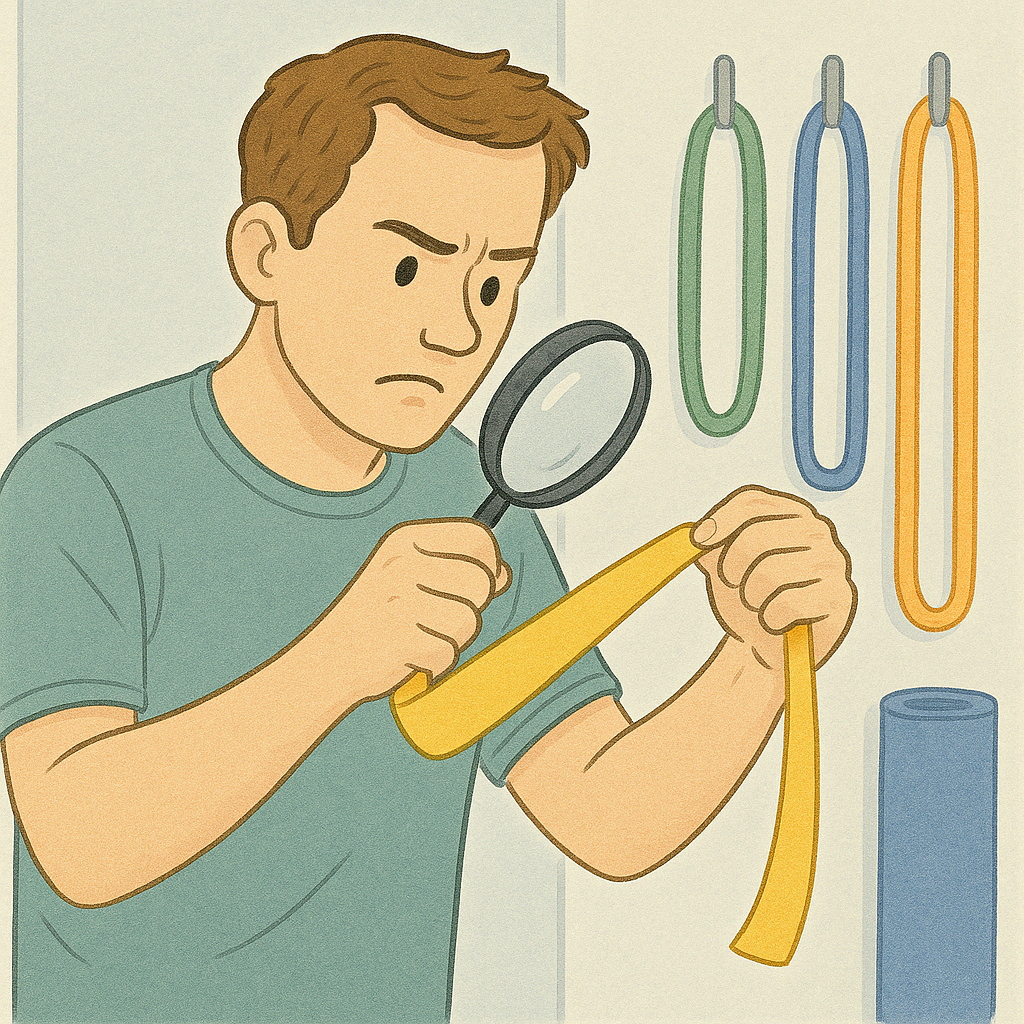 Man inspecting resistance band for cracks during home workout safety check