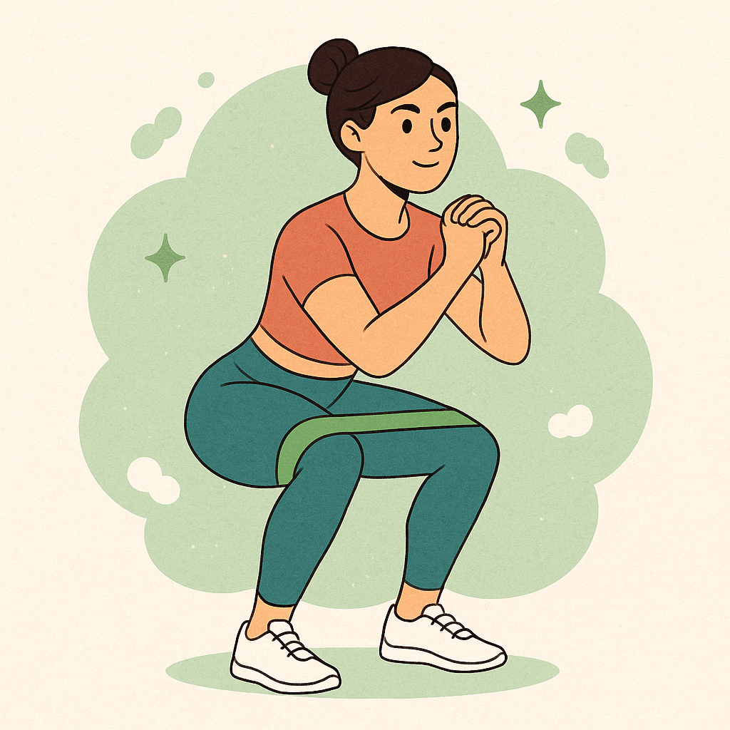 A woman doing a resistance band squat for glute activation and leg strength