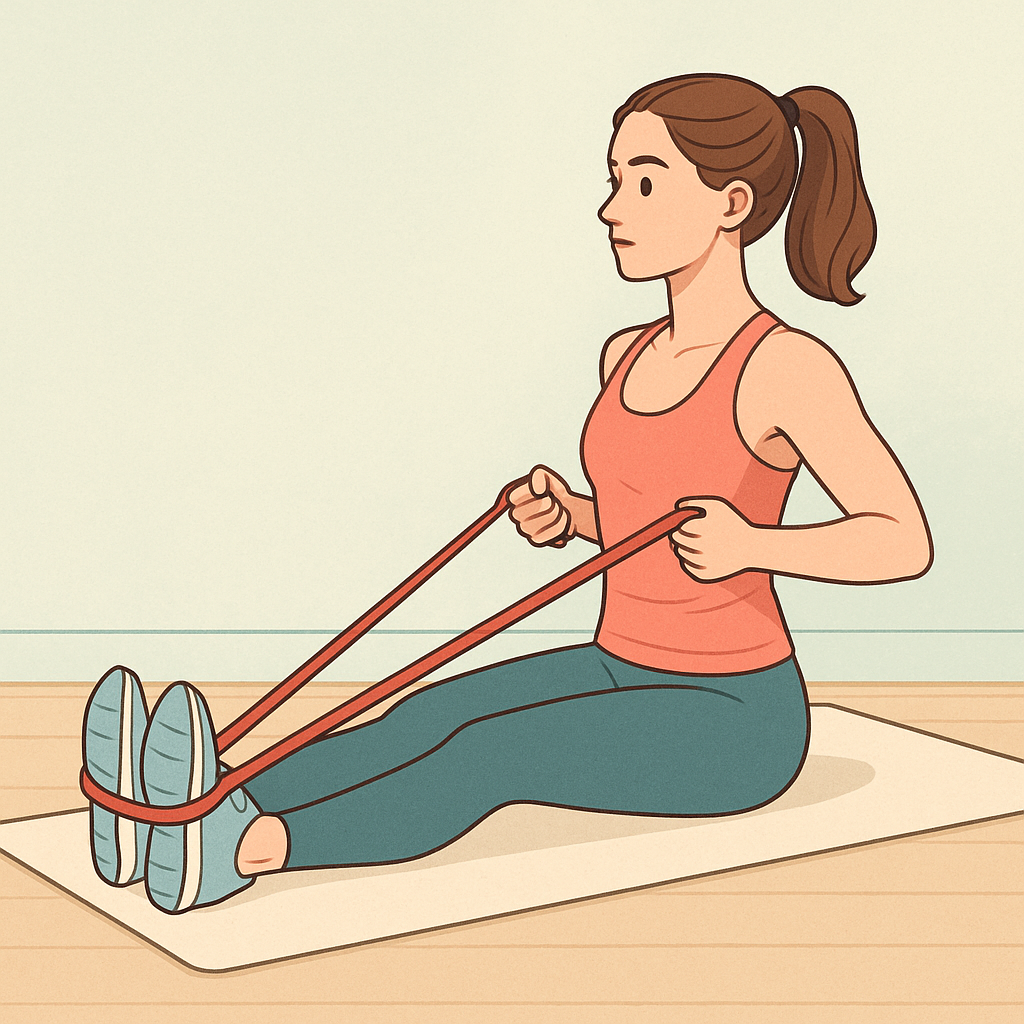 Illustration of a woman doing a seated row with a loop resistance band on a yoga mat for back strength training