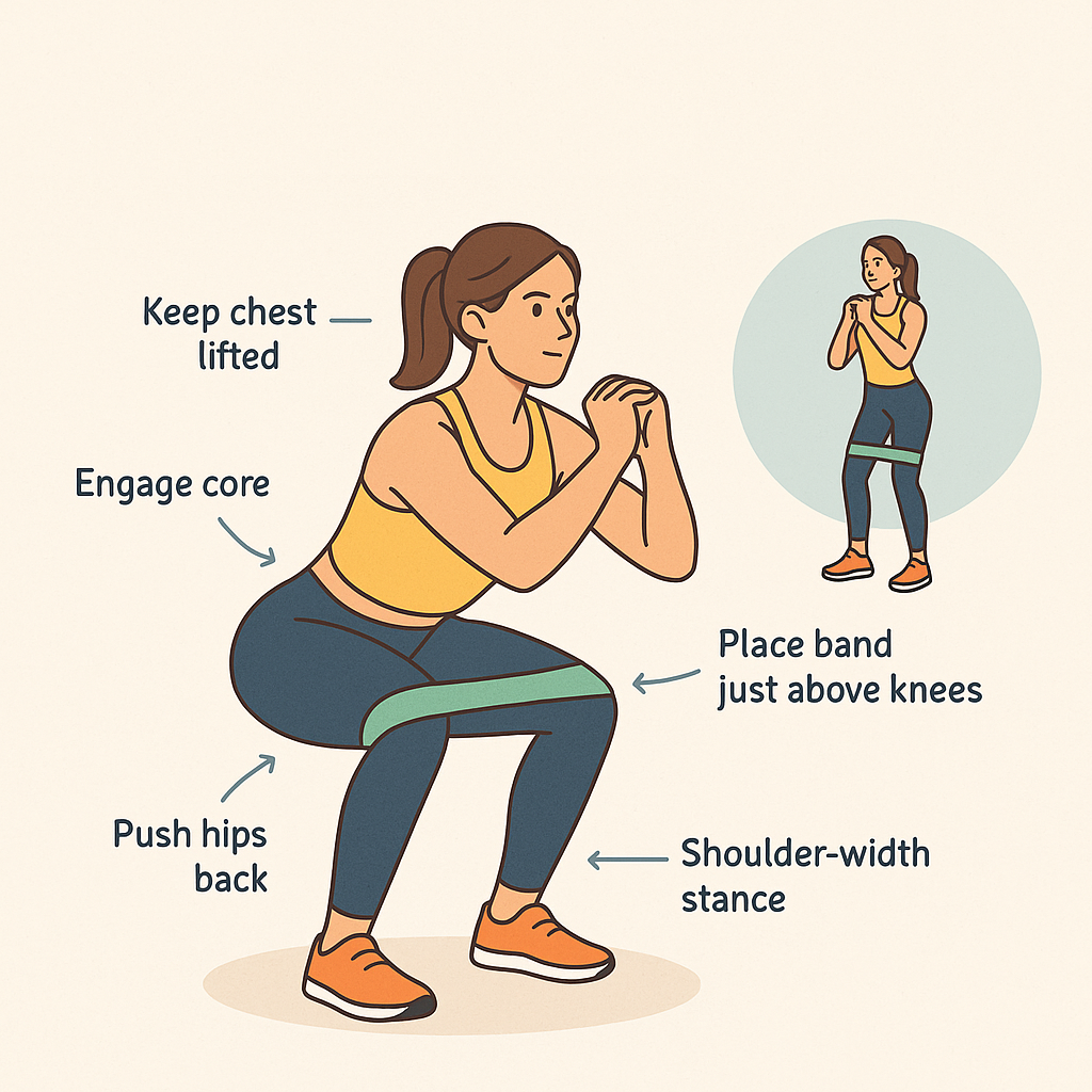 Infographic showing how to do squats with resistance bands correctly.