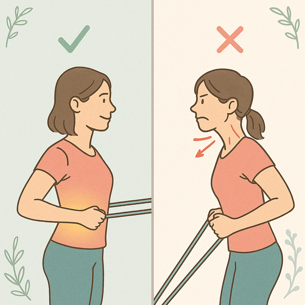 Illustration showing correct and incorrect resistance band posture to prevent neck pain during home workouts