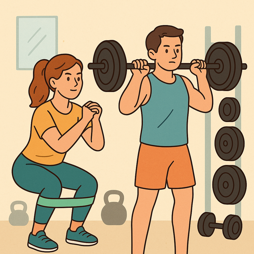 Illustration of a woman using resistance bands and a man lifting weights.