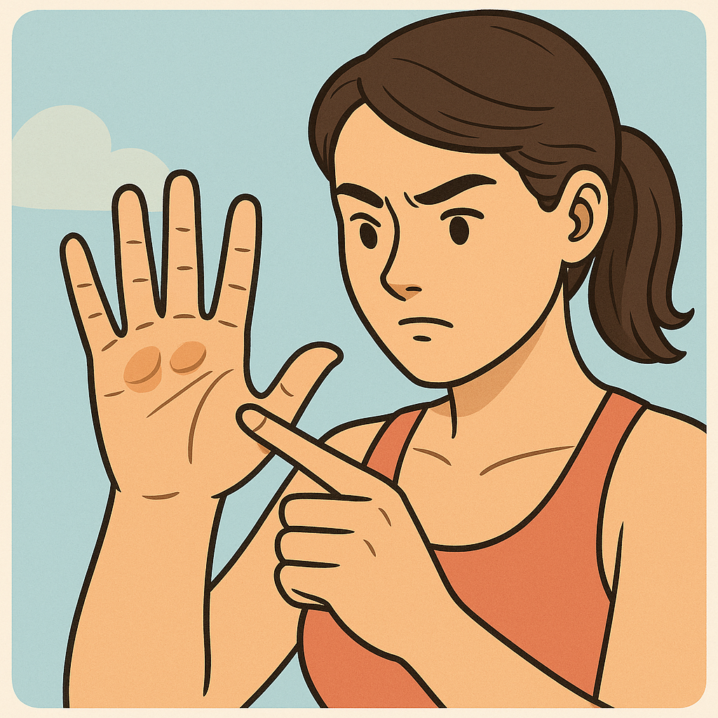 A young woman inspecting calluses on her palm caused by weightlifting.