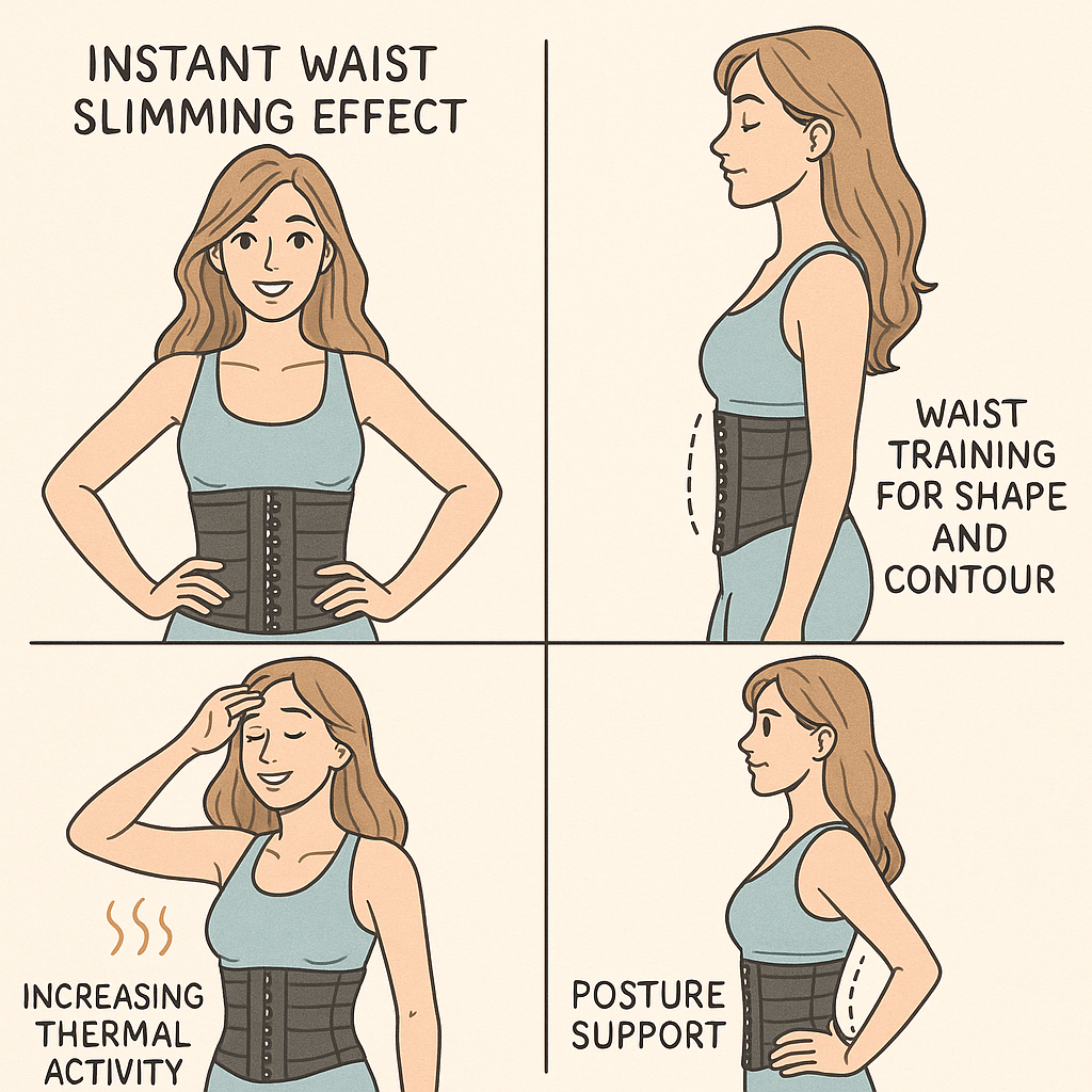 Illustration of a woman using a waist trainer showing benefits like slimming effect, shape contour, thermal activity increase, and posture support.