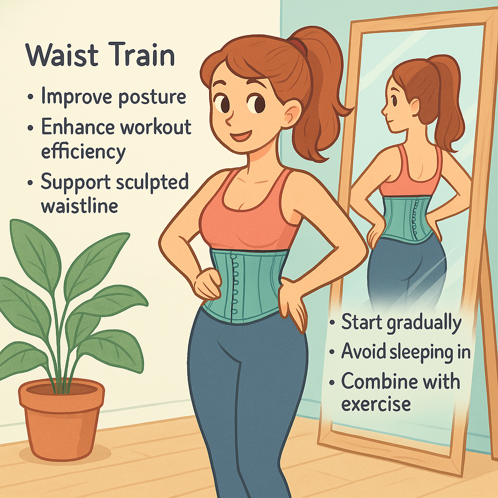 Illustration of a woman using a waist trainer at home
