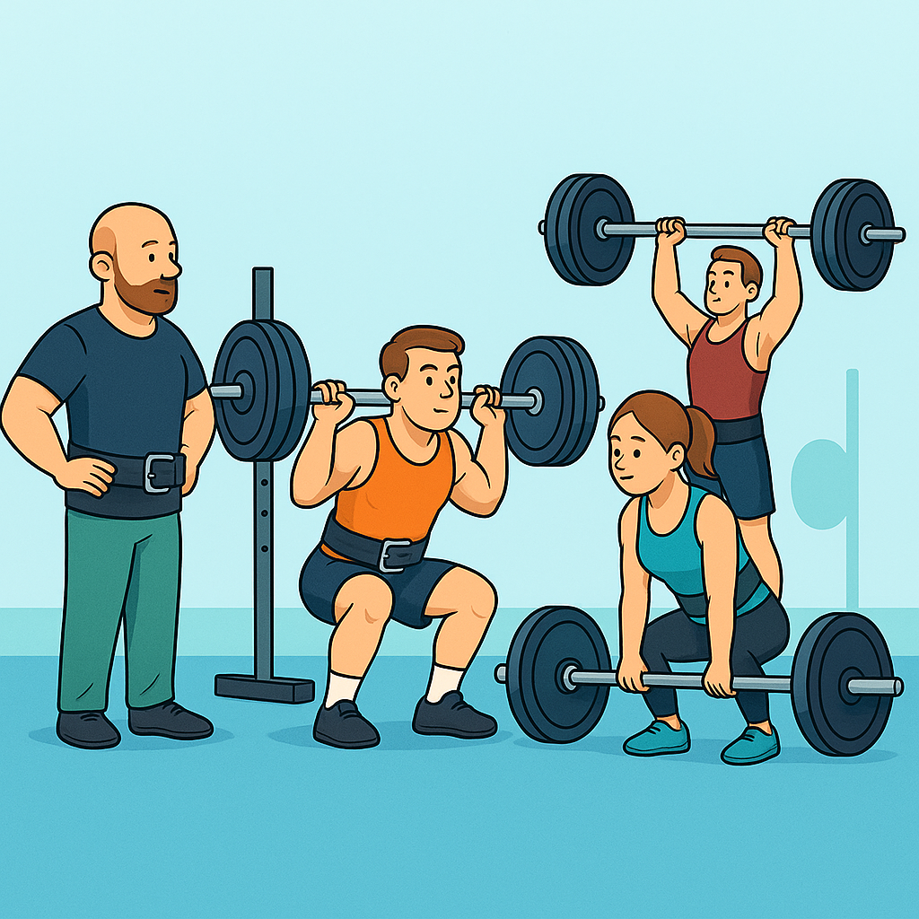 gym members performing strength exercises while using weight lifting belts for support and stability