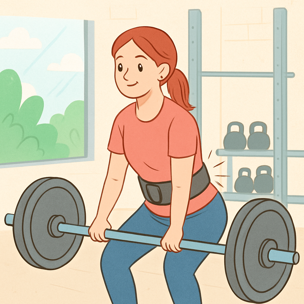 A young female weightlifter wearing a belt for lower back support during strength training