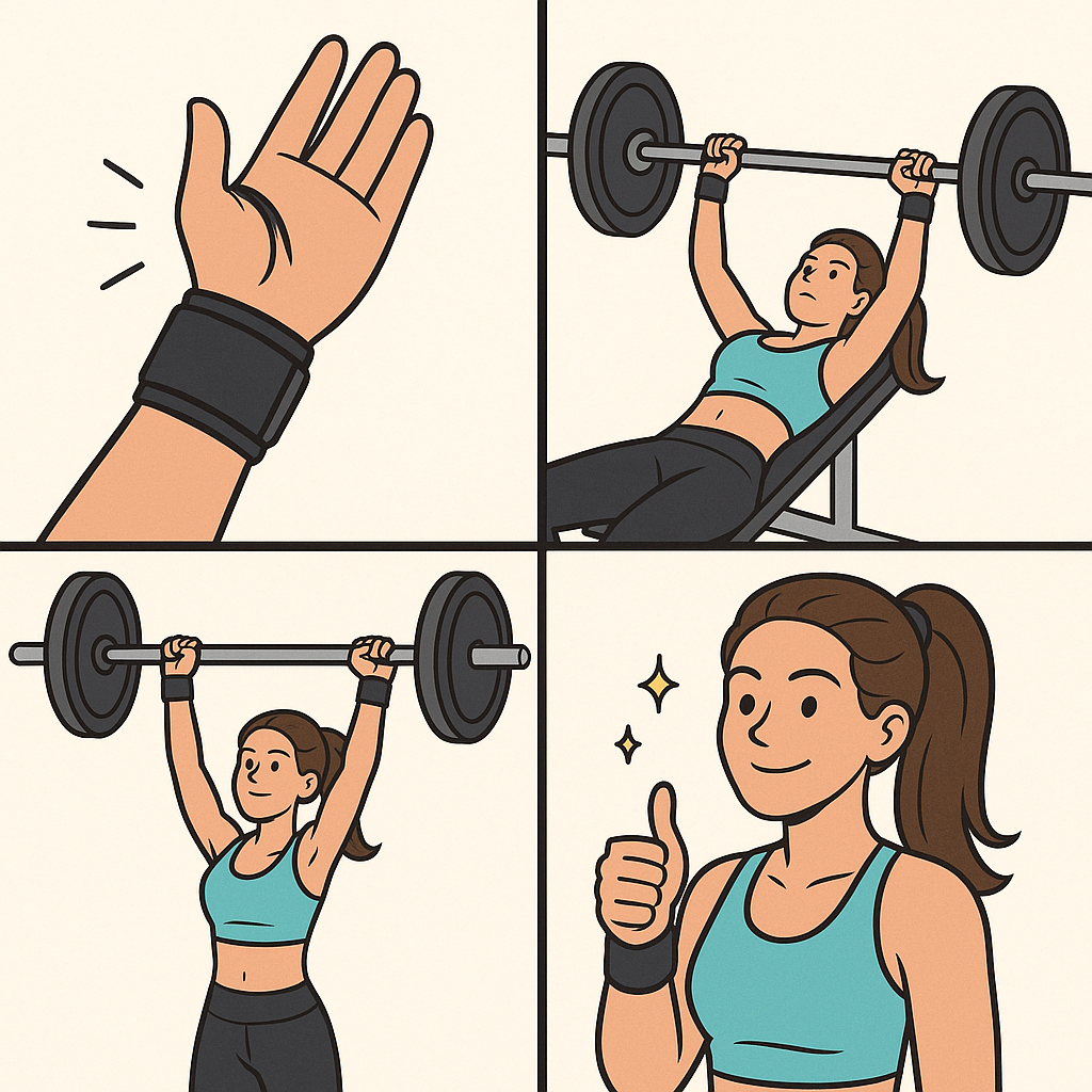 a weightlifter demonstrating wrist wraps during bench press and overhead press exercises.