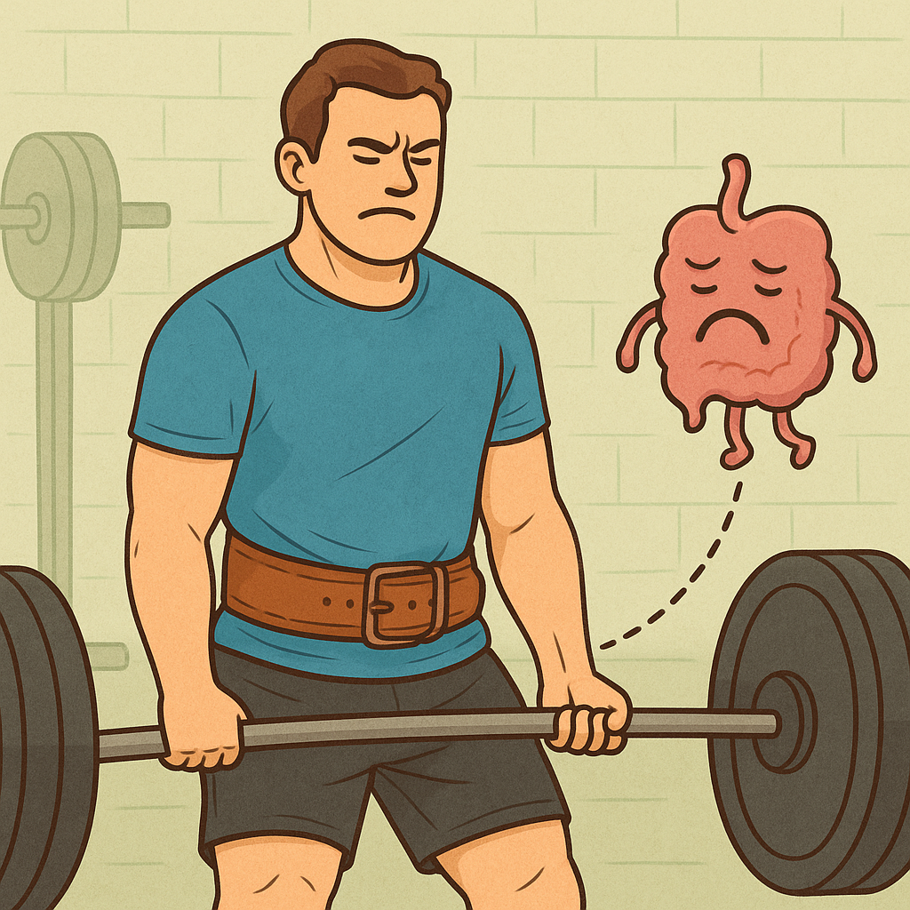 illustration of a man lifting a barbell with a weight lifting belt, a symbolizing hernia risk and core safety.