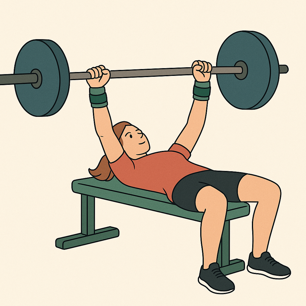 A woman performing a bench press while wearing wrist wraps for wrist support.