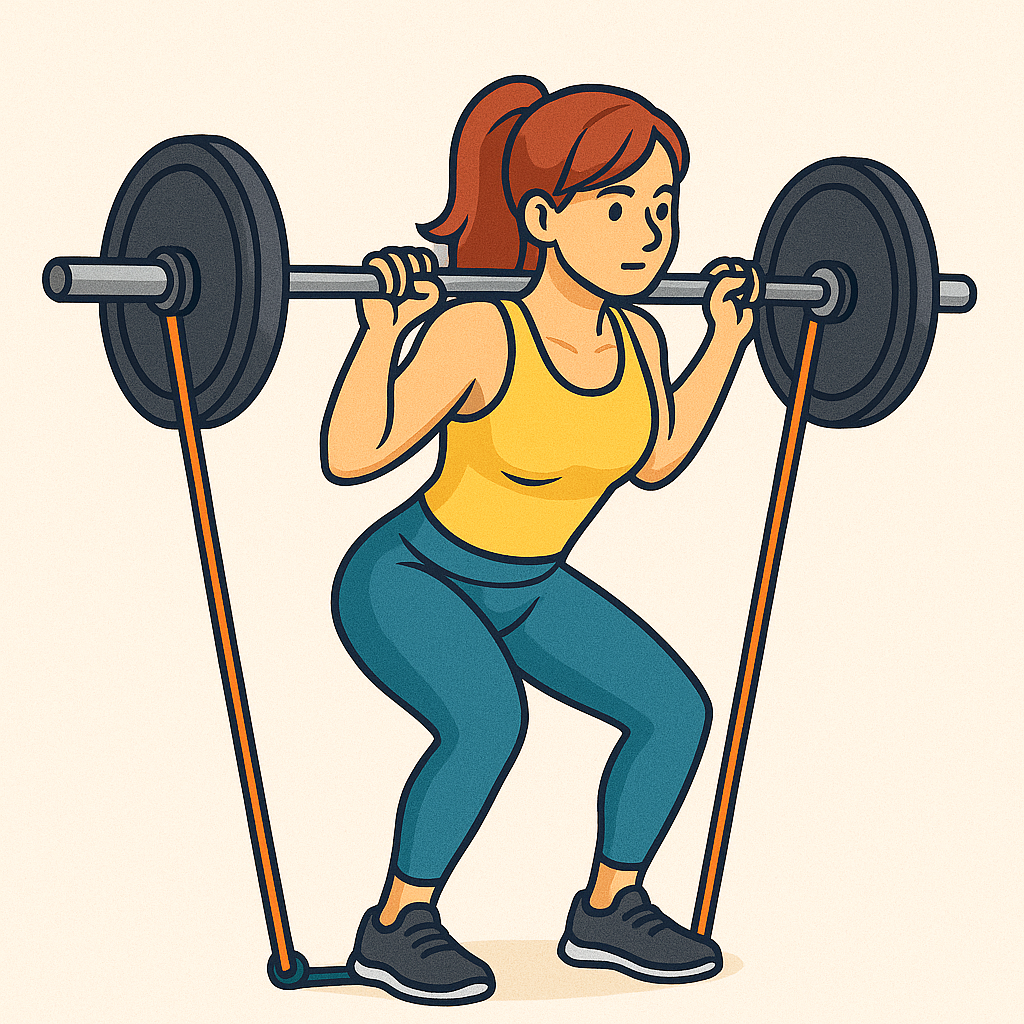 A fit woman performing a barbell squat with resistance bands to enhance strength training in a gym setting