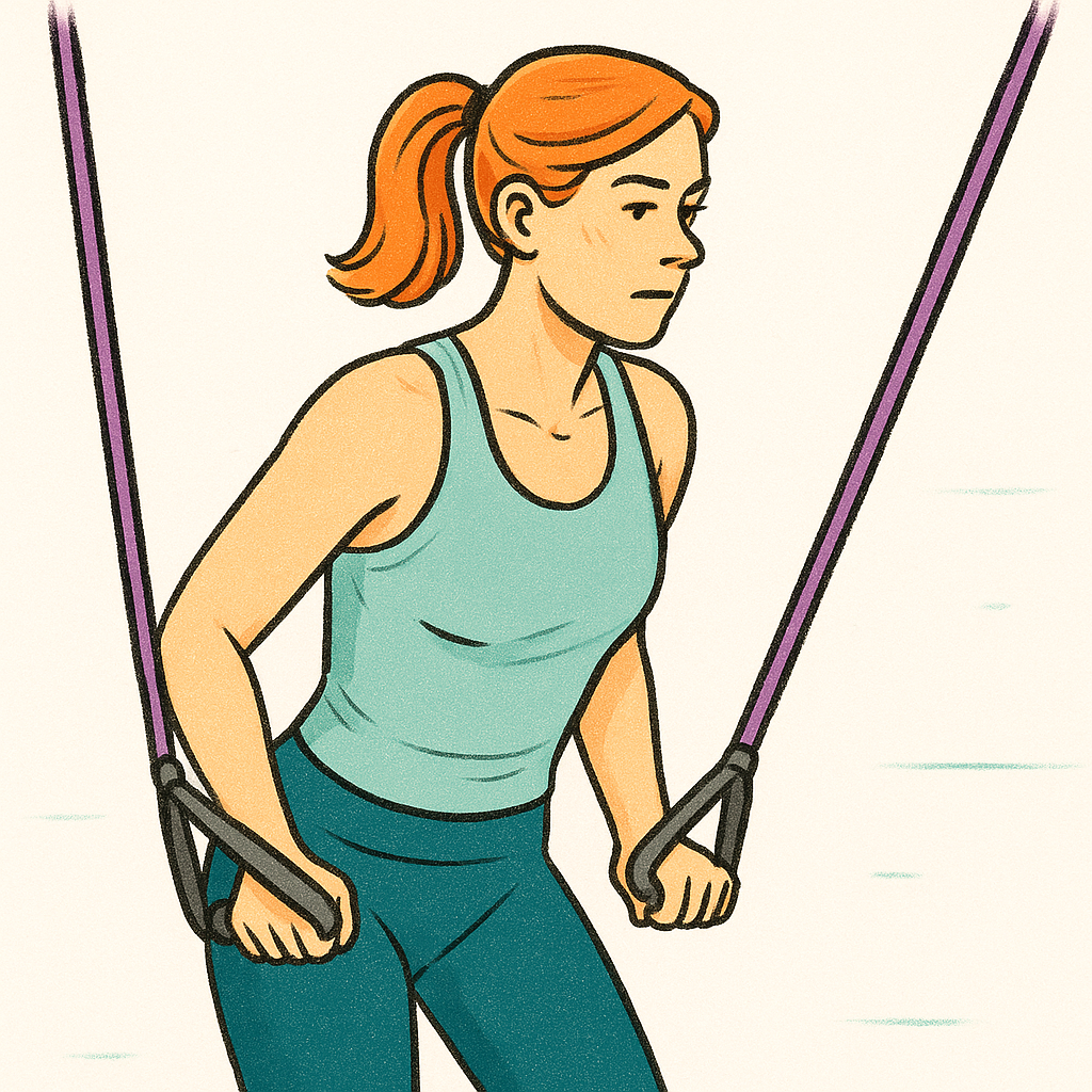 A woman performing a tricep pushdown exercise using resistance bands
