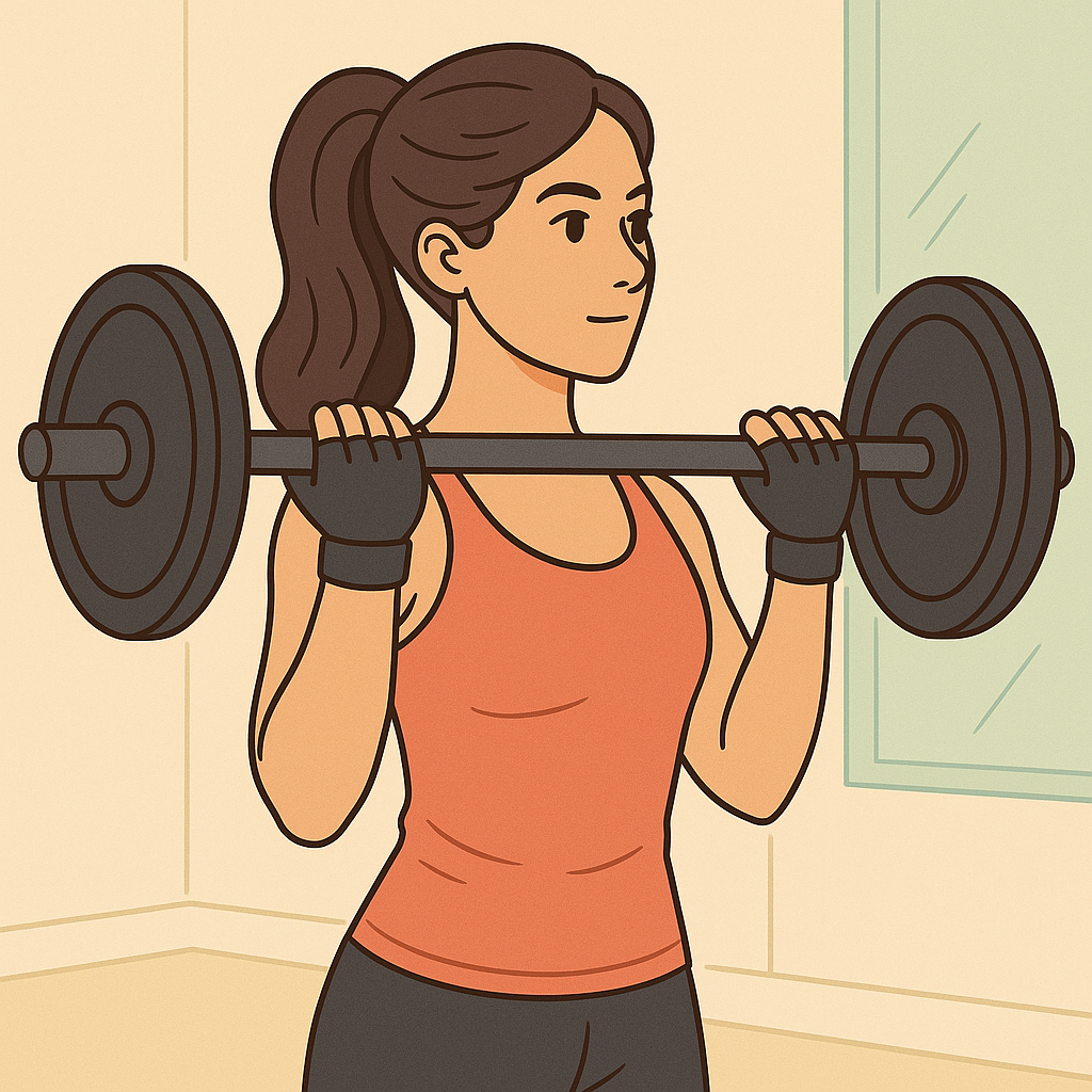 Fit woman lifting barbell while wearing half-finger weight lifting gloves in a gym