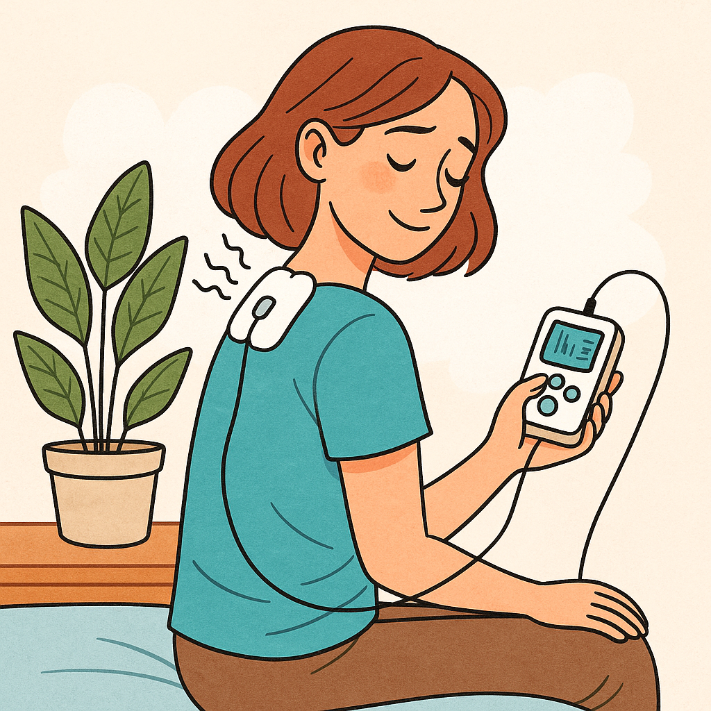 A woman using a TENS unit on her shoulder to relieve muscle tension