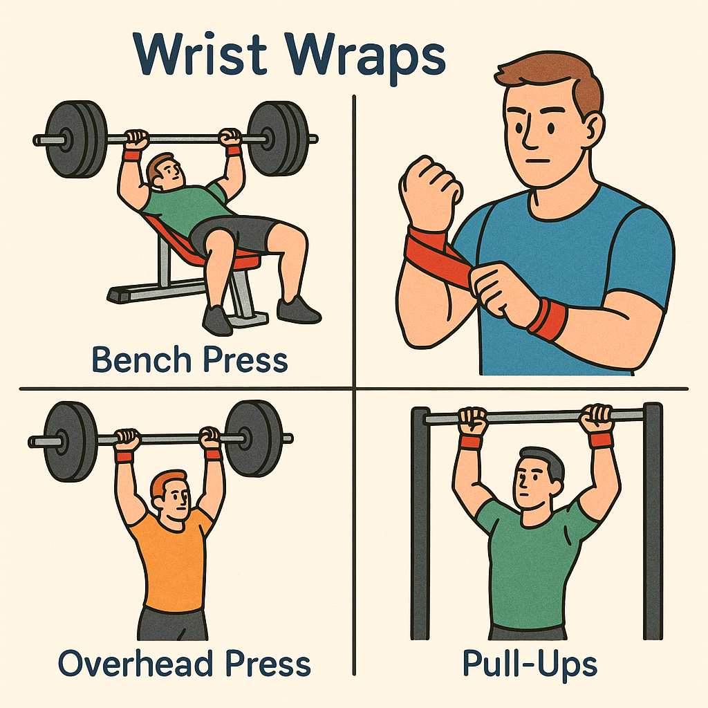 illustration showing the use of wrist wraps in four key exercises.