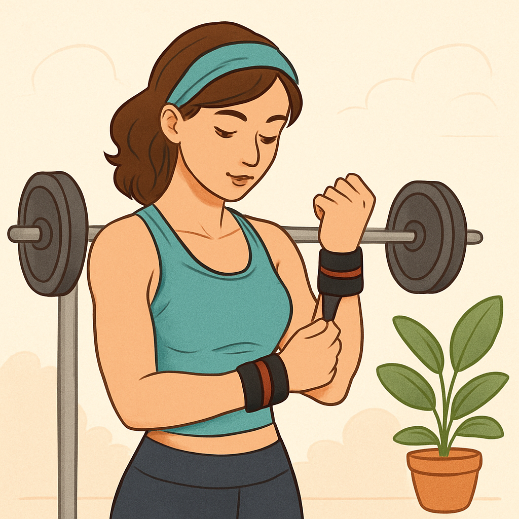 Illustration of a woman using wrist wraps for strength training and wrist support during heavy lifting exercises