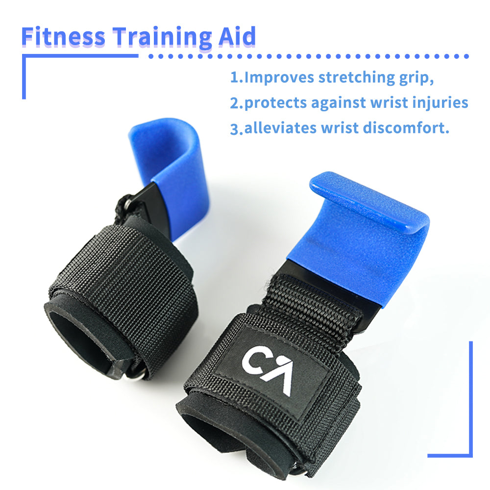 Chick-Active™ Weight Lifting Hooks with blue steel hooks and black padded wrist straps for secure grip and wrist support during heavy lifting.