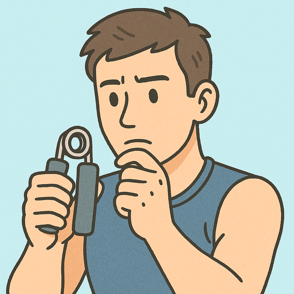 A young man thoughtfully examines a grip strengthener, contemplating its effectiveness for building forearm muscles. 