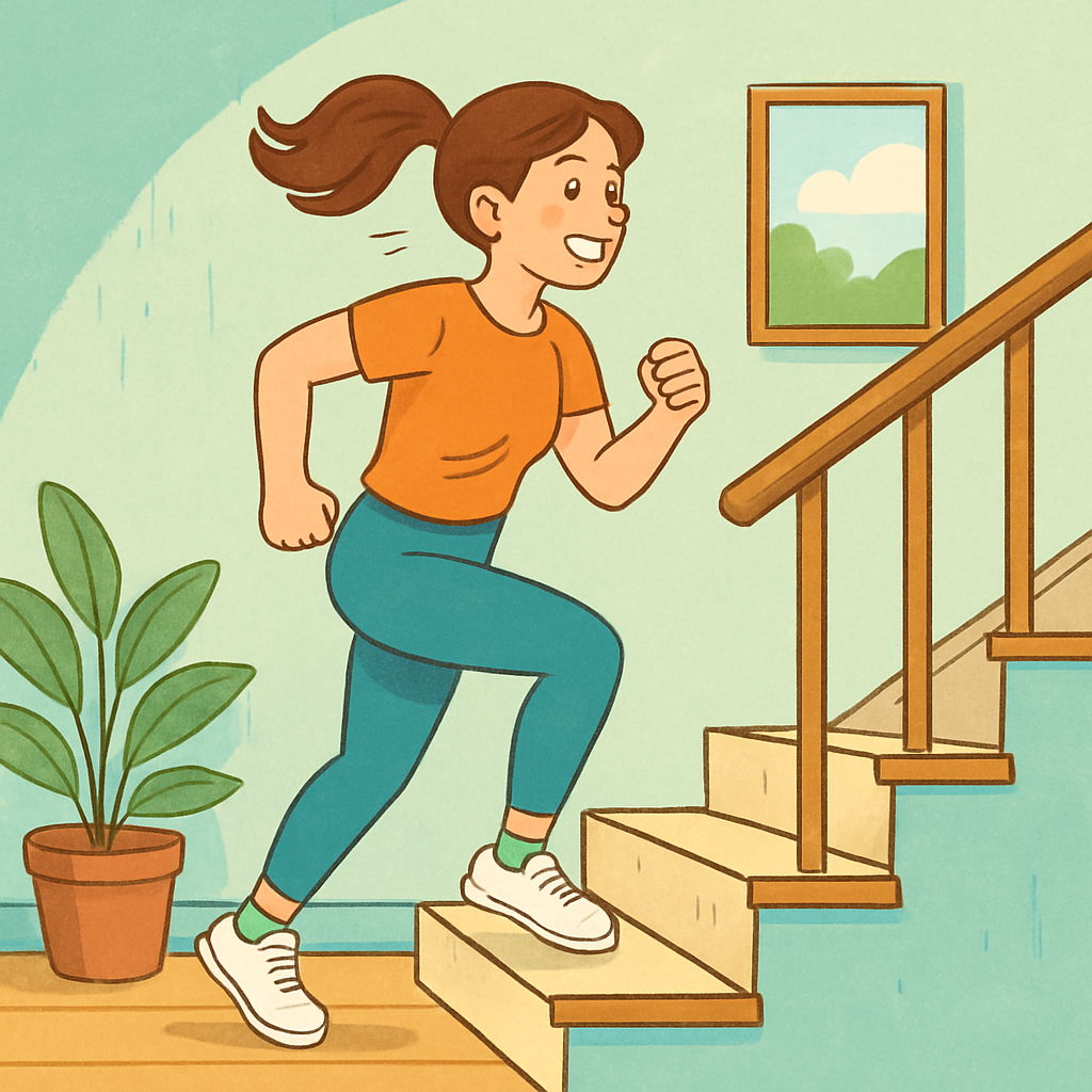 a woman doing a stair cardio workout at home